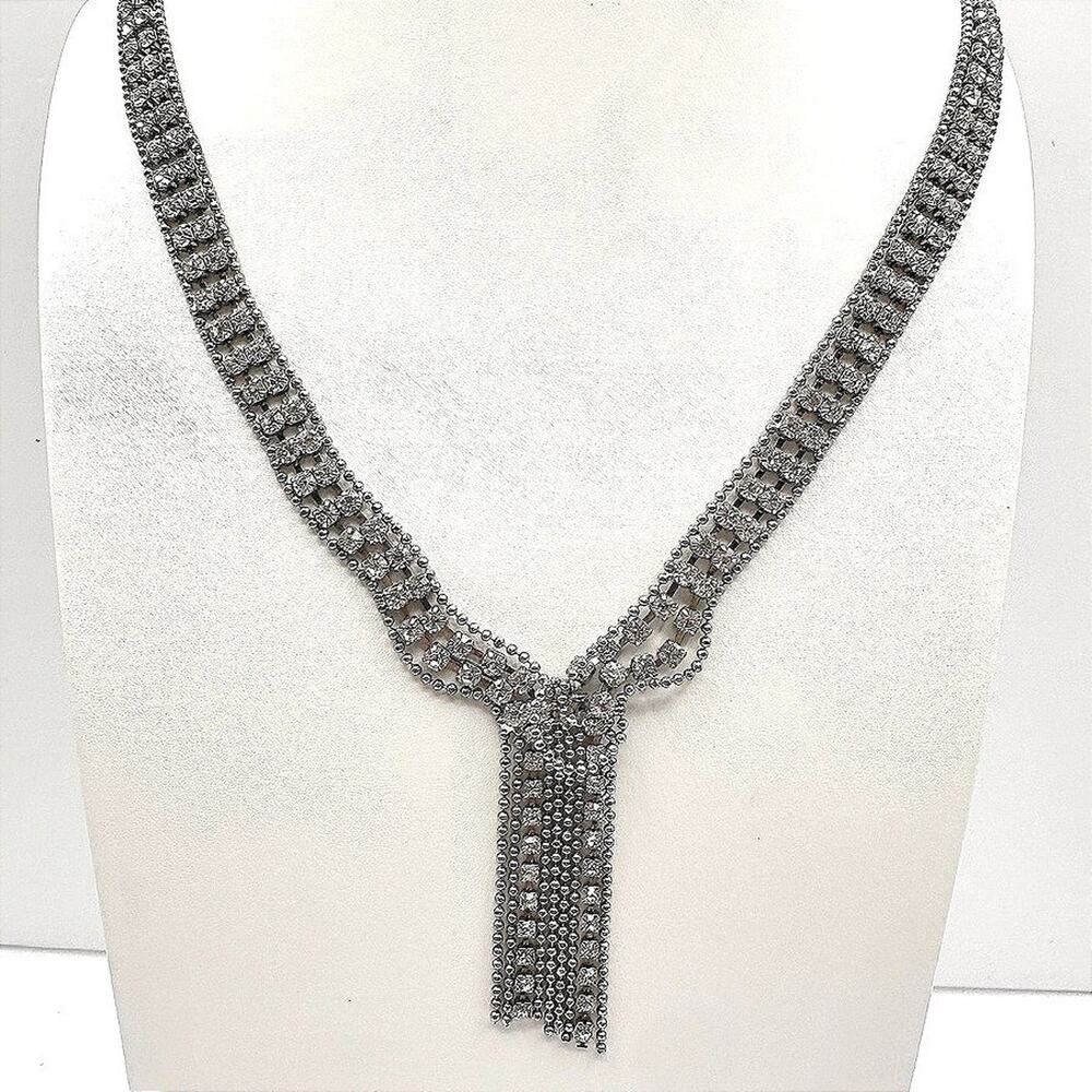Vintage Rhinestone Statement Necklace Silver Tone Tassel Drop Fashion Jewelry